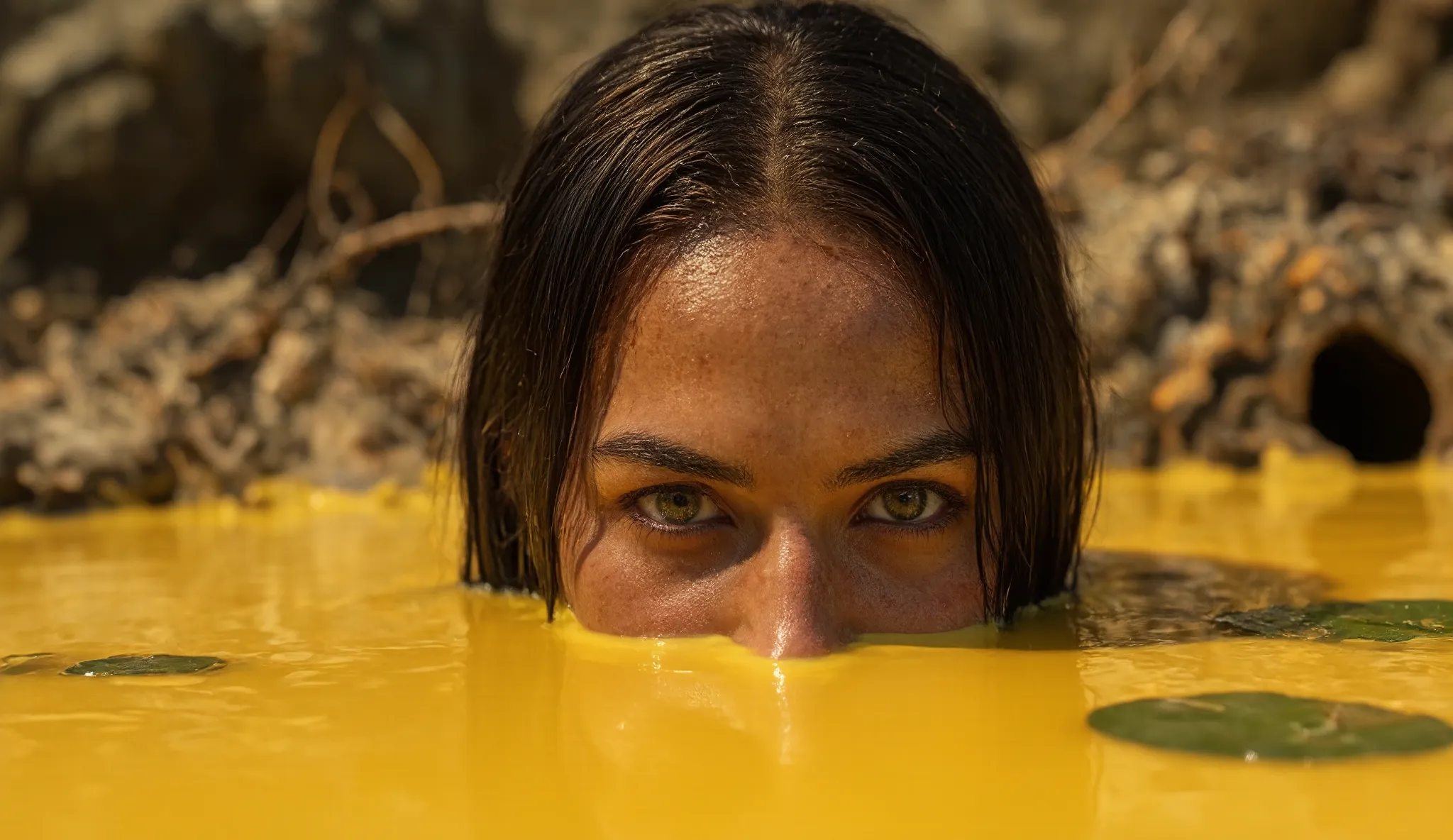 close-up, extreme close-up, potrait, photo realistic, ultra realistic, masterpiece, best quality, highres, absurdres, long brown and straight hair, elegant perfect hair, Cinematic-style photograph, digital medium.
Close-up of a woman partially submerged in...