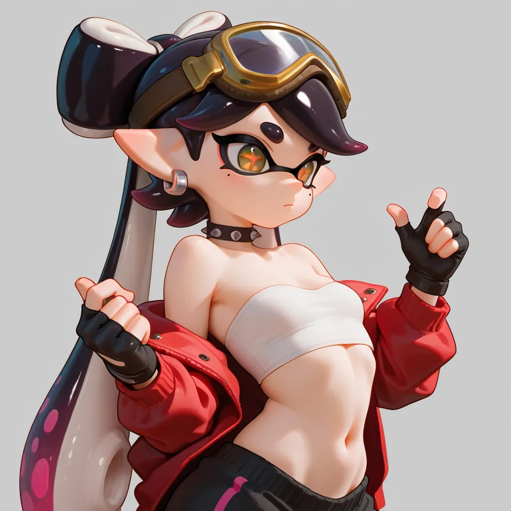 (masterpiece, best quality, amazing quality, very aesthetic, absurdres, ultra-detailed, newest, good anatomy), callie form splatoon, punk_rabbit_girl, goggle, red jacket, tube top, rabbit ear, black punts, Fingerless gloves,  very detailed face),callie for...