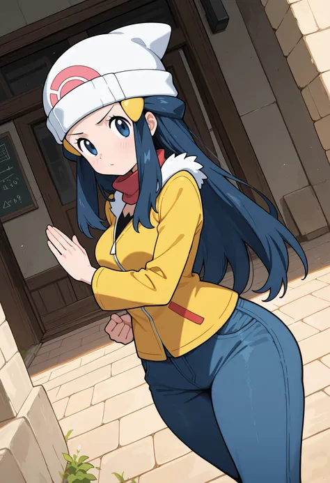 score_9, score_8_up, score_7_up, source_anime, 1girl. solo. pokemon dawn, dark blue. hair, blue eyes, sidelocks, long hair, hat, beanie, white headwear, medium breasts, huge hips. battoujutsu stance, looking at viewer,| trimmed jacket, tsirt. jeans, cowboy...