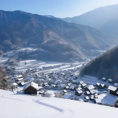 Shirakawa-go 、Snow 、 Winter landscape 、It's snowing、  Transparency、Scenery from the top of the mountain、A lot of tourists are visiting