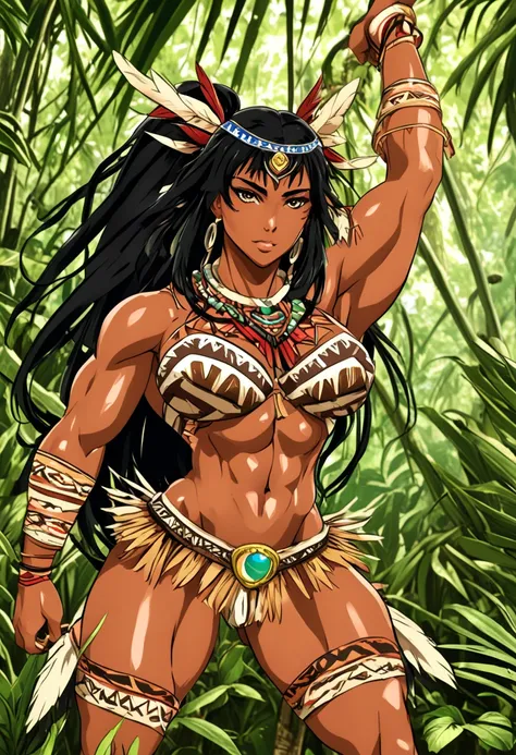 Brazilian girl, amazon, tribal warrior, savage clothes, amazon forest, dark skin, long black hair, ponytail hair, sexy body, strong girl, muscle, power amazon girl, ecchi.