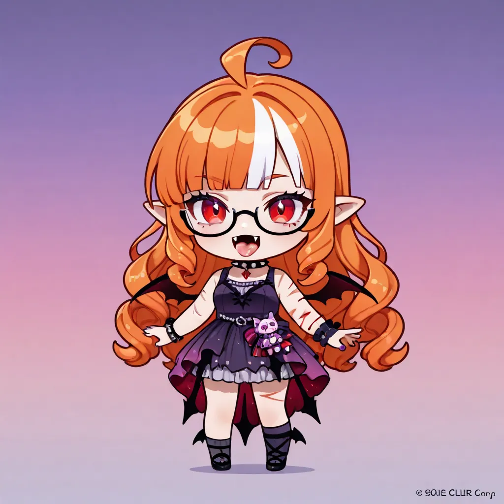 1girl, a girl with oni, vampire, and dog-girl traits. She has very short, curly ginger hair with white streaks, styled with blunt bangs, curly sidelocks, and a huge ahoge. Her expressive red eyes, accented by bold eyelashes, have a calm yet mischievous gli...