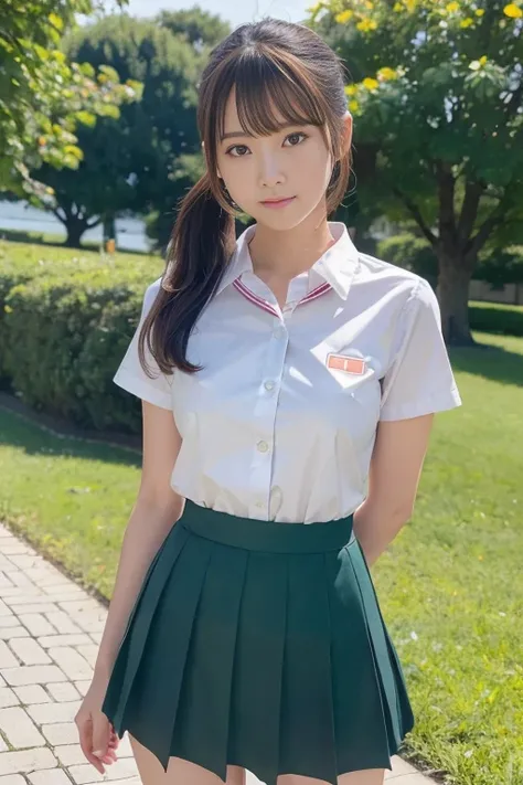  tall  body,  tall ,  long legs,  matured female,  matured, adult, outdoor, Park, garden, lake,  sunshine, sunlight,  bright, 緑
 eft_Hod _ orange, 1 girl, Alone, brown hair on both arms, brown eyes,  school uniform,  skirt, Antenna Hair, chest, large chest...