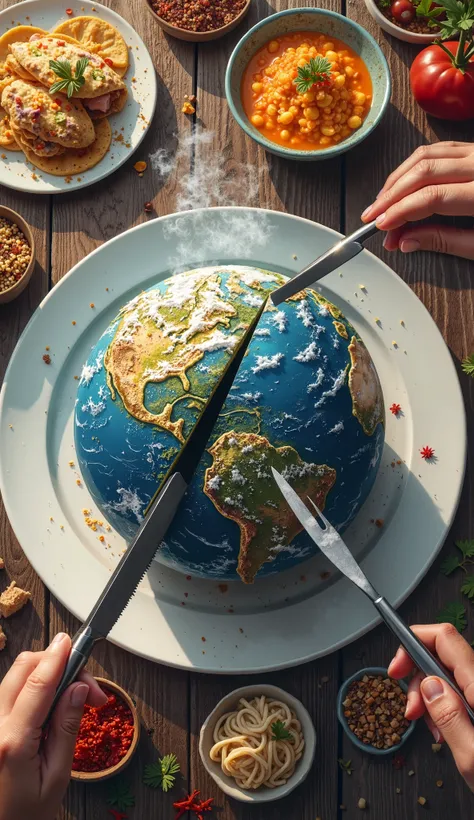 Cinematic illustration in a top-down view of a rustic wooden table, where a large white plate holds a hyper-realistic planet Earth, with deep oceans and richly textured continents. A pair of detailed and expressive human hands grip gleaming stainless steel...