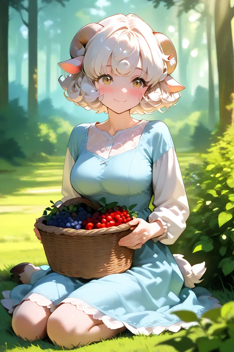 Girl solo, light brown eyes, white hair, bangs, short hair,  curly hair, wavy hair, sheep ears, sheep tail, no horns, forest background, farm background, blushing, average breasts, light blue dress, peasant dress, holding basket, basket filled with berries...