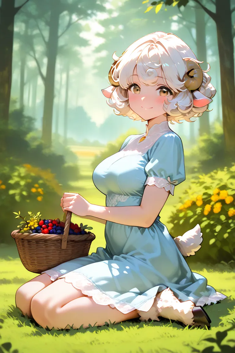 Girl solo, light brown eyes, white hair, bangs, short hair,  curly hair, wavy hair, sheep ears, sheep tail, no horns, forest background, farm background, blushing, average breasts, light blue dress, peasant dress, holding basket, basket filled with berries...