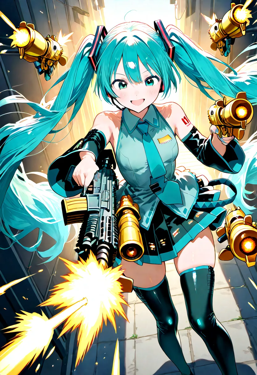 Hatsune Miku is happily firing a gun(With a composition seen from above)(wearing my usual clothes)(smiling)(With your legs wide open)(Firing a Assault Rifle)(Dual pistols)(wearing my usual clothes)