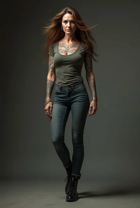 photograph of a european woman, full body, posing, mature woman, 65 years old, tight skinny jeans, very long brown hair, t-shirt, tattoos, sexy dynamic pose, seductive smirk, dominant, mistress, overwhelming, superior, stepping on viewer, slim, high detail...