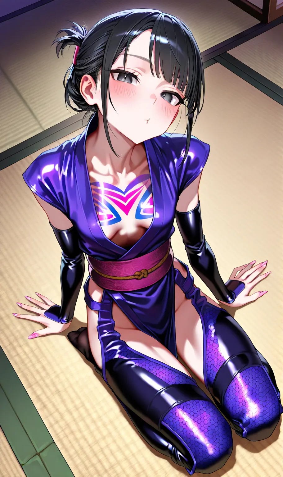 sfw, gyaru, cool beauty, retro future background, solo girl, japan hairstyle, black hair, small breast, breast closeup,[emaciated:1.3], expressionless, blush, pouty lips, Polite, ninja costume, downblouse, leaning viewer, cyber pattern body paint, seiza, n...