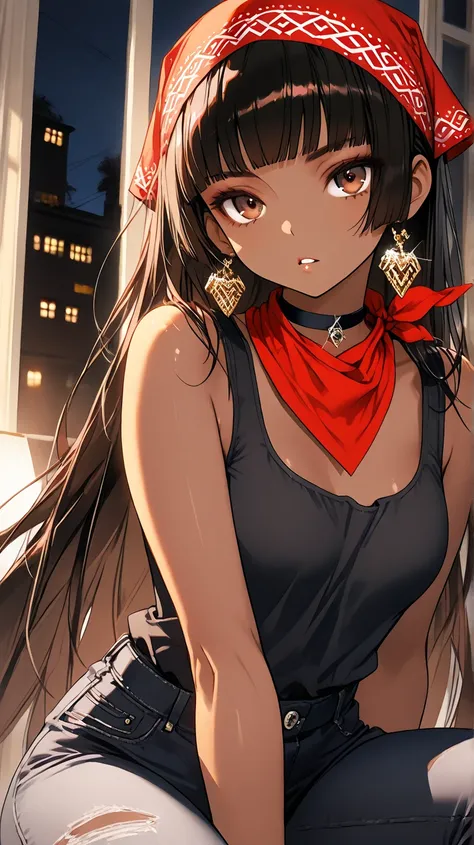 1Girl, Mature, Ebony, African American, Dark Brown Skin, Jet Black Hime Cut, Shiny Hair, Hime Cut, Bright Brown Eyes, Dark Brown Eye Shadow, Medium Chest, Black Tank-Top, Red Bandana Wrapped Around Neck, Black Ripped Jeans, Black Choker, Looking At Viewer,...