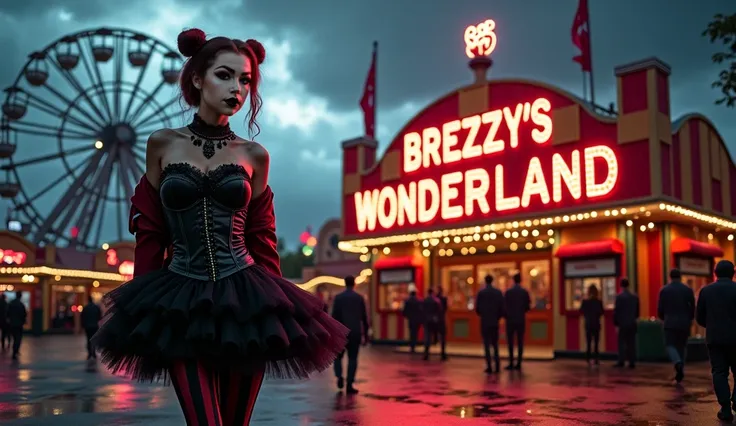 Breezy is dressed in a dark, gothic carnival-inspired ensemble that perfectly embodies her rebellious and seductive juggalo aesthetic. She wears a black corset-style top with intricate lace detailing, tightly fitted to accentuate her figure, giving off a m...