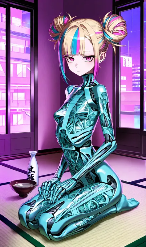 sfw, gyaru, cool beauty, facing, retro future, cyberpunk background, solo girl, japan hairstyle, streaked hair, small breast, [emaciated:1.3], expressionless, Polite, simple long wahuku, figure pattern wear, naked seiza, no shoes, tatami, sake_bowl on side...