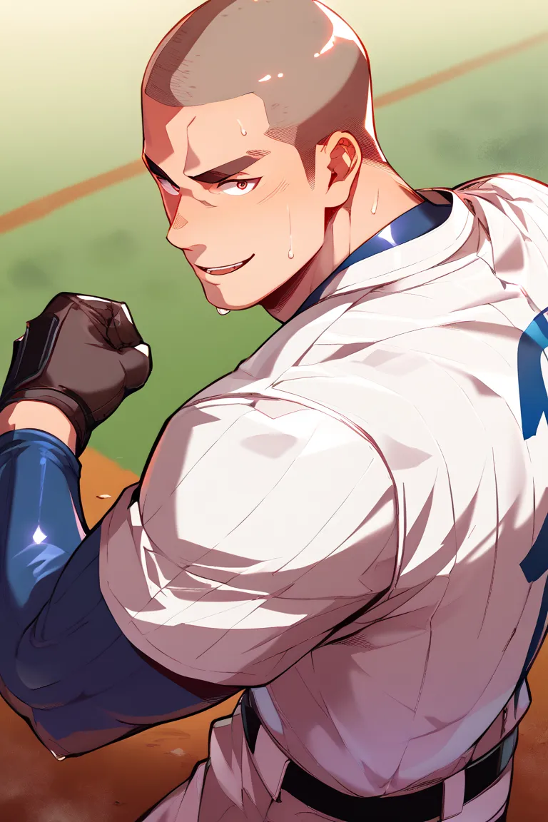 TOP QUALITY、A shaved man with a shaved head is standing on the ground looking at me、 baseball uniform、Thick eyebrows、Sharp Eyes、Japan、 pretty sweaty 、、muscles are bulging