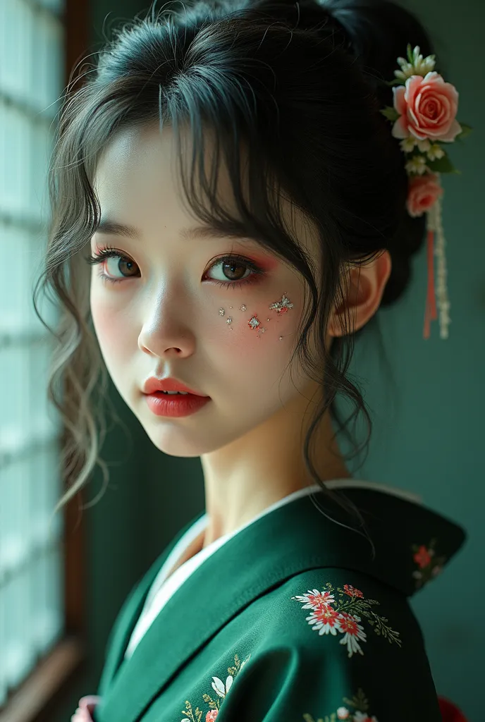  Super High Definition,Greatest Masterpiece,16k,Highly detailed Japanese dark green kimono,Japanese style, extremely detailed hair,cool vibe,Highly Detailed Face,18 years old,Light Ash Colored Hair All Over, extremely detailed hair飾り,Heavy hanging makeup,f...