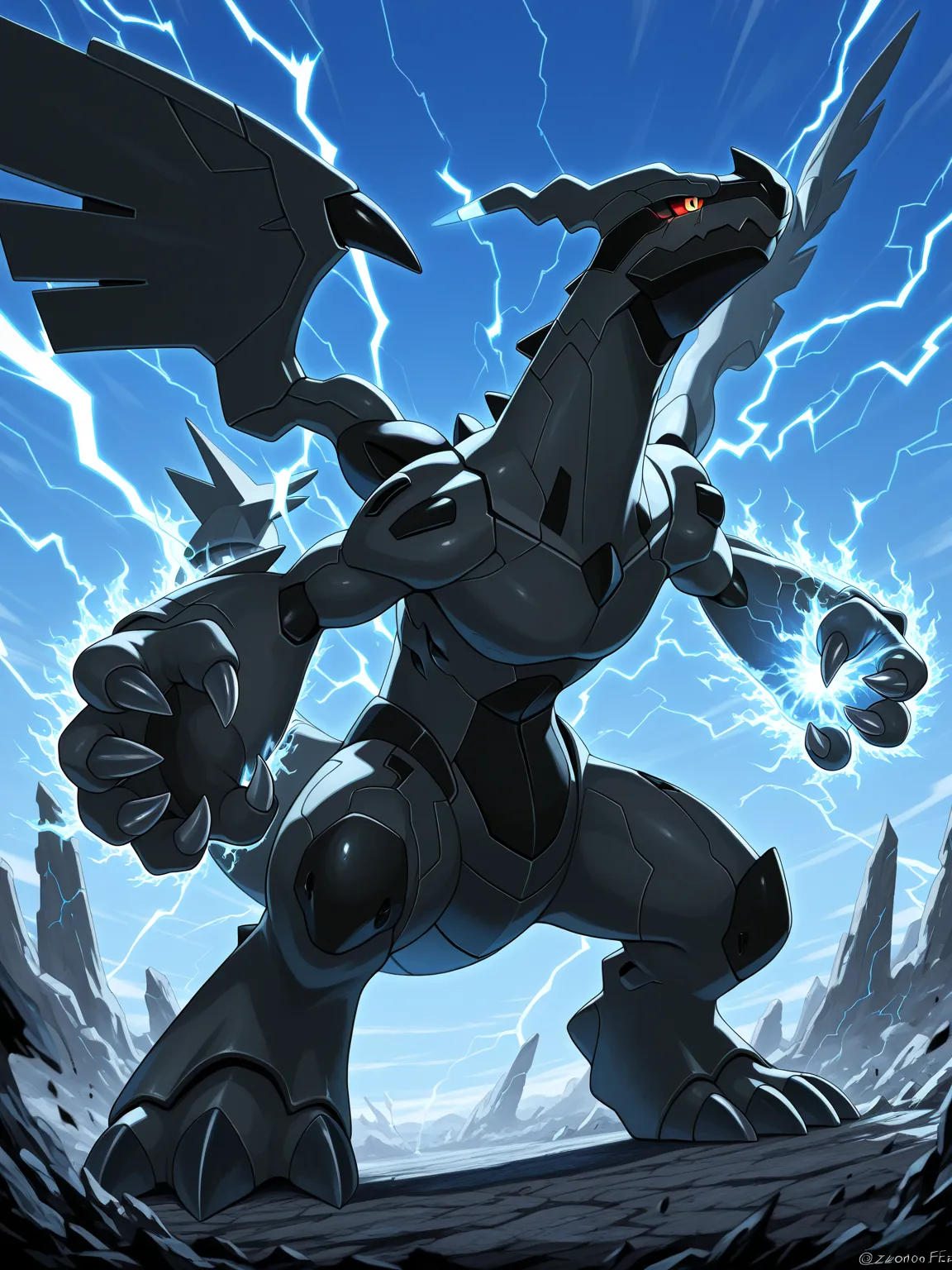  masterpiece, best quality,   zekrom , without humans,  alone, basic, fire, nervous, attacker,  sky, blue  sky, claws, addictive ,  dynamic pose,(thunder fist )