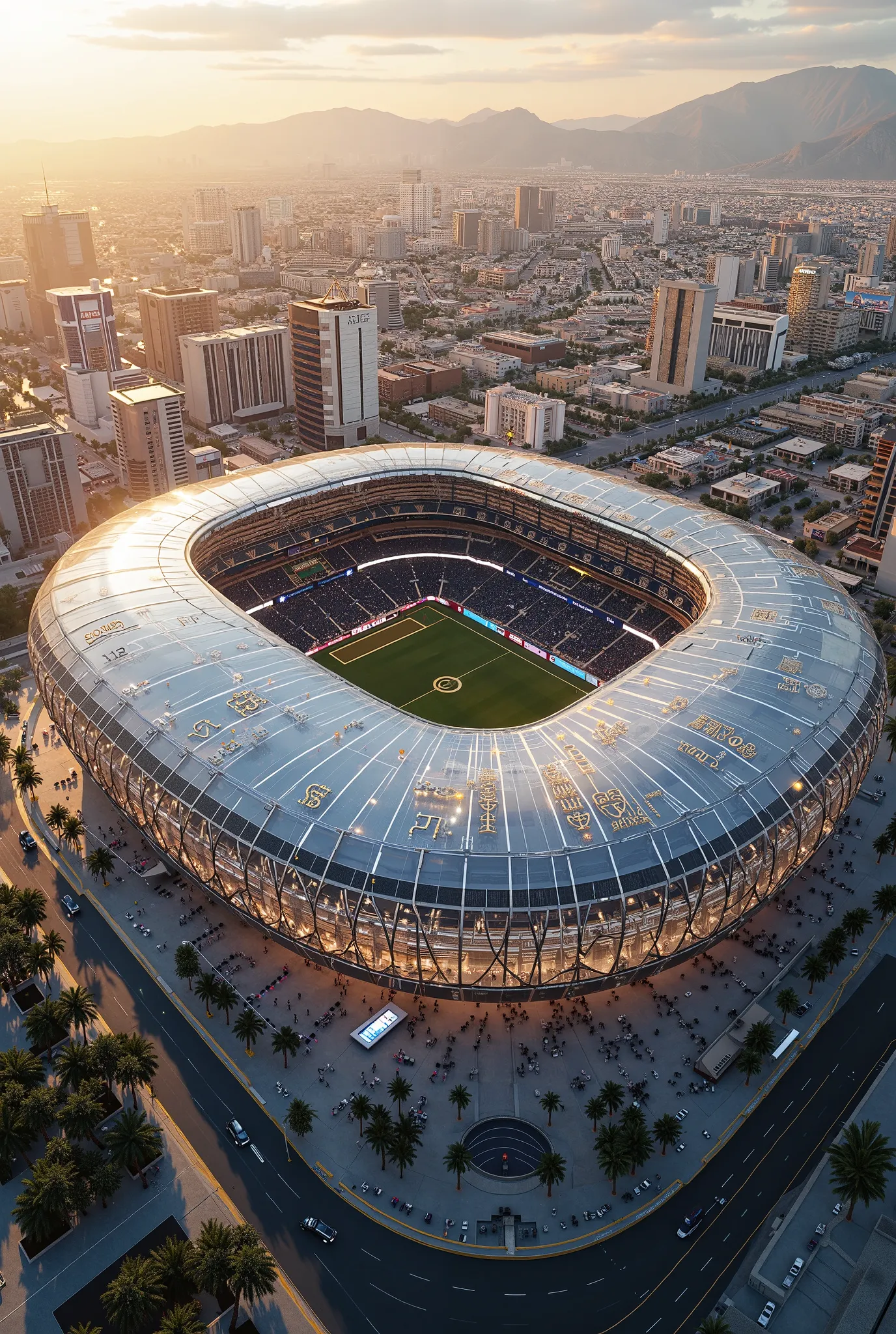 Aerial and exterior view of Yeshua Hamashiach stadium that looks luke Allegiant stadium of Las Vegas 