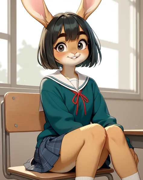 (furry rabbit face:0.9), girl , skinny , bob cut , beautiful hair over the eyes , Long eyelashes , Thick eyebrows , Double eyelids , Overbite , Sloping shoulders
, school uniform , jumper skirt
, bold pose , coquettish , sexsymbol
, sitting with knees up