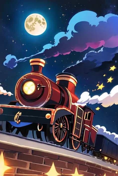 Night Sky、starry sky、 full moon、simple and cute blue steam locomotive、flying steam locomotive、Glowing Railroad Tracks 、Twinkle of the Stars、White smoke from the chimney 、glitter effects, Overlooking,Overlooking,  widescreen, 