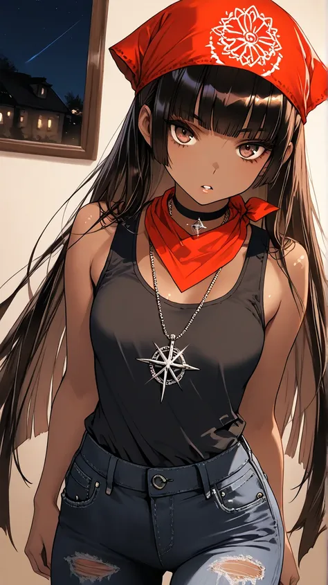 1Girl, Mature, Ebony, African American, Dark Brown Skin, Jet Black Hime Cut, Shiny Hair, Hime Cut, Bright Brown Eyes, Dark Brown Eye Shadow, Medium Chest, Black Tank-Top, Red Bandana Wrapped Around Neck, Black Ripped Jeans, Black Choker, Looking At Viewer,...