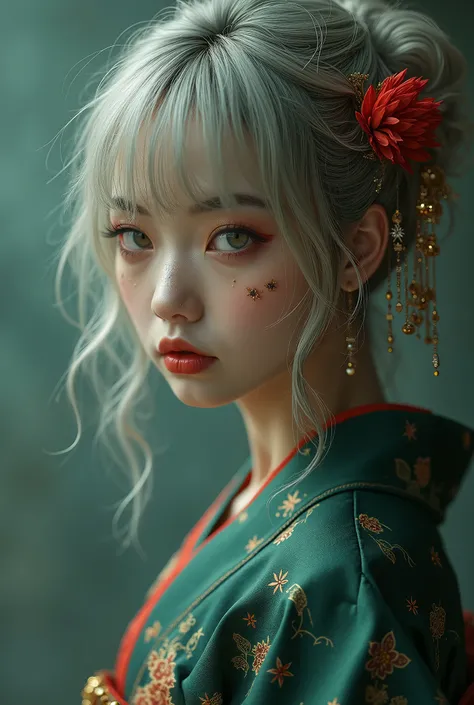  Super High Definition,Greatest Masterpiece,16k,Highly detailed Japanese dark green kimono,Japanese style, extremely detailed hair,cool vibe,Highly Detailed Face,18 years old,Light Ash Colored Hair All Over, extremely detailed hair飾り,Heavy hanging makeup,f...