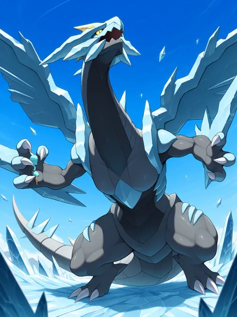  masterpiece, best quality,   Kyurem  , without humans,  alone, basic, whether, imposing ,  sky, blue  sky, claws, addictive ,  dynamic pose,(Ice cream fist)