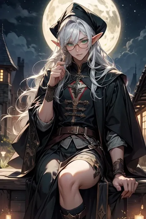 Male elf, long white hair, with round glasses, green eyes, adventuer, black mage fantasy outfit, fantasy, night, medieval village, traveler, femboy, one person, sitting, Dark outfit, sexy