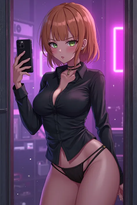 Create an image of a busty anime girl with short light orange hair wearing a black shirt and thin panties looking like a pervert in a room with purple neon light taking a selfie showing off her chest