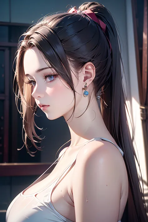 a beautiful girl with very long dark hair in a high ponytail woven with ribbons, wearing a white wet tank top, intricate detailed portrait, ultra-realistic, photorealistic,8k, best quality, masterpiece, extremely detailed, hyper realistic, cinematic lighti...