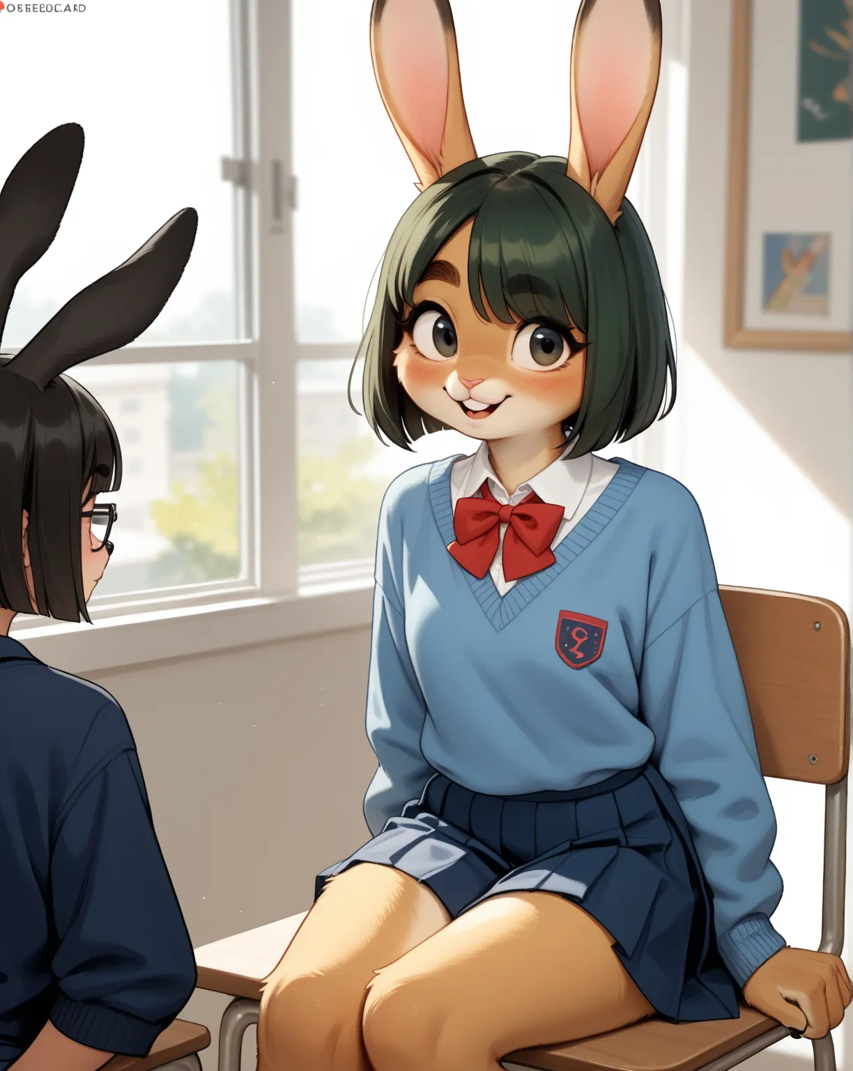 (furry rabbit face:0.9), girl , skinny , bob cut , beautiful hair over the eyes , Long eyelashes , Thick eyebrows , Double eyelids , Overbite , Sloping shoulders
, school uniform , jumper skirt
, bold pose , coquettish , sexsymbol
, sitting with knees up ,...