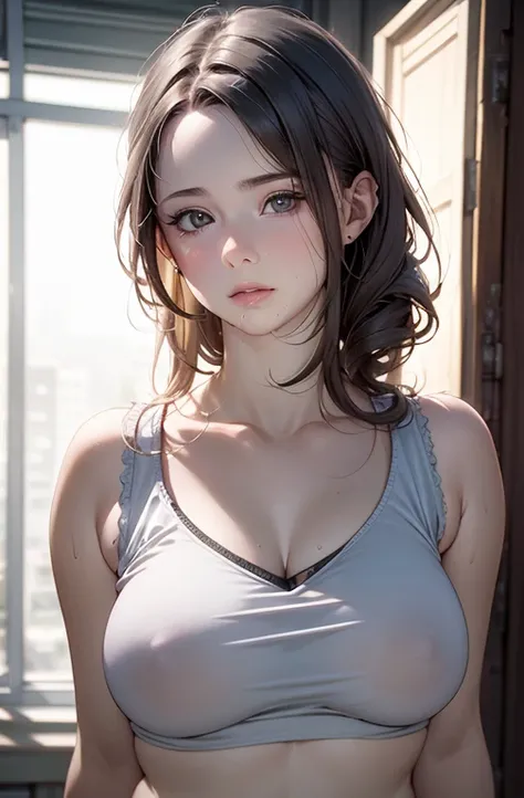  small grey vest top, pulled up, underboob, midriff, wet, beautiful detailed eyes, beautiful detailed lips, extremely detailed eyes and face, long eyelashes, photorealistic, 8k, highres, masterpiece, ultra-detailed, realistic, photo-realistic, HDR, UHD, st...