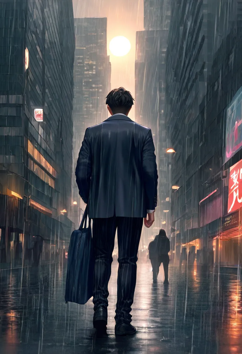 best quality, top quality, 8k, high resolution, ultra detailed, extremely detailed, realistic, a decadent city with acid rain, a man's back in the rain, sun shower, 