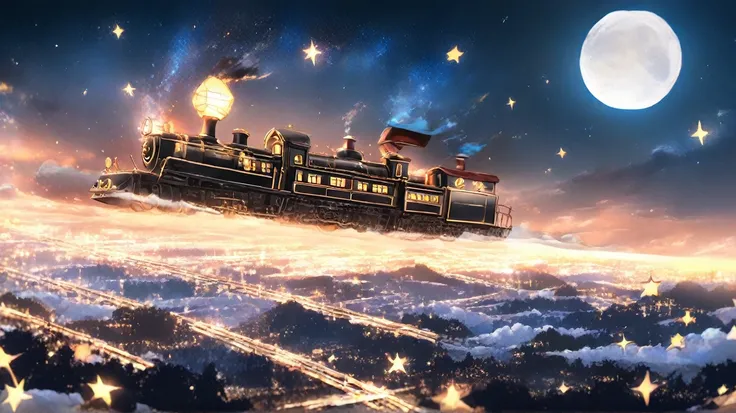 Night Sky、starry sky、 full moon、simple and cute blue steam locomotive、A steam locomotive that flies in the sky、Glowing Railroad Tracks 、Twinkle of the Stars、White smoke from the chimney 、glitter effects, Overlooking,Overlooking,  widescreen, 