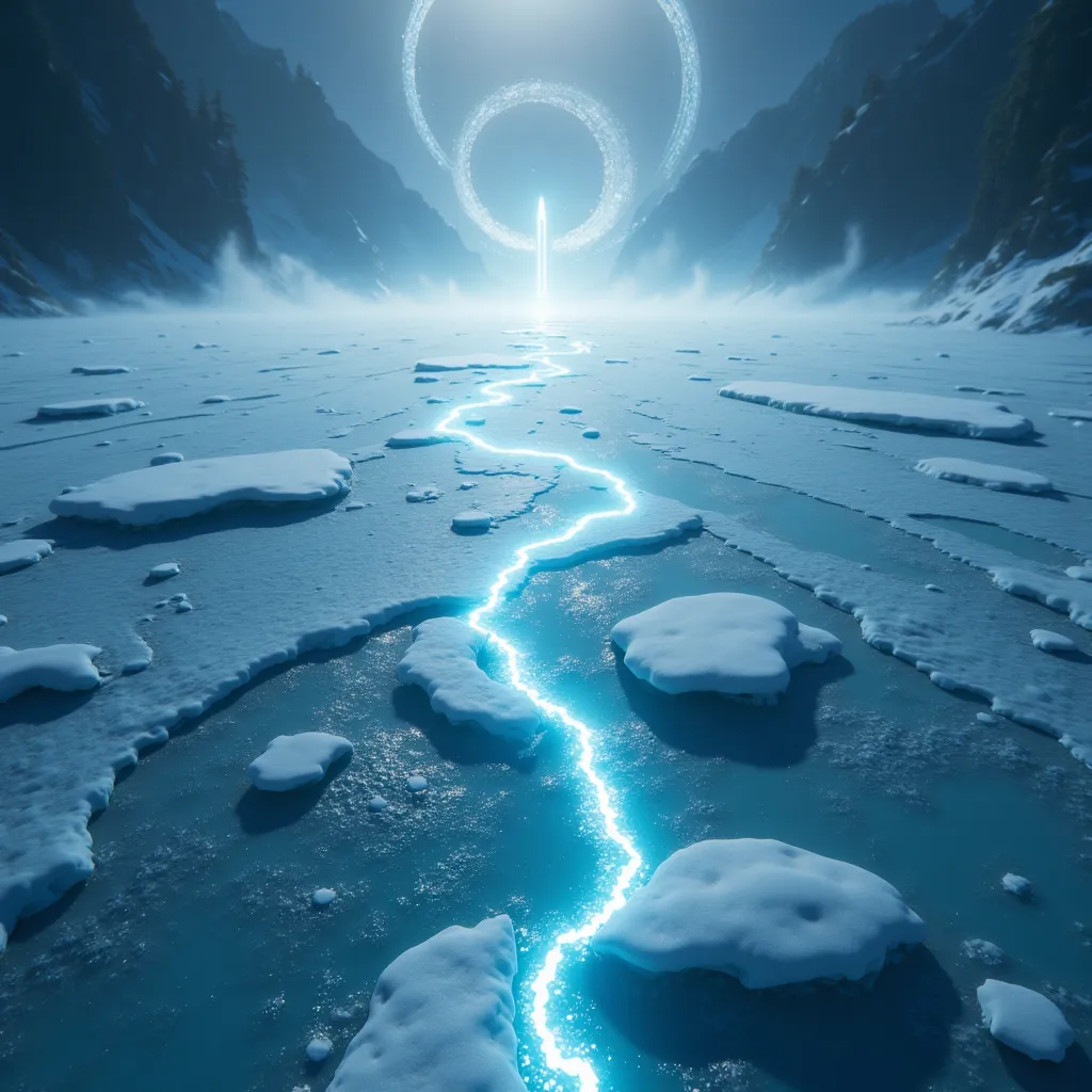 a frozen lake with a shimmering arc and metallic chain of light, cinematic poster style and high resolution overhead shot, game of thrones style, unsettling, horror, terrifying expression, ultra high resolution, 8k resolution, balanced, high dynamic range ...