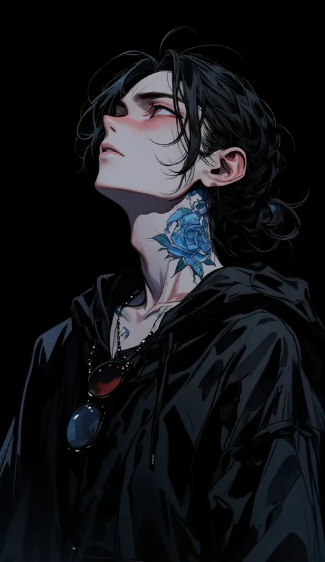 Solo,handsome, monochrome,watercolor,1 male, Ponytail, Braided black hair, red eyes, Gojo Satoru,casual,Blue Rose Tattoo,black Oversized 服,casual,Stylish,cool,Wear sunglasses around your neck,Void,look up,
blackbackground,İcon,Despise face up