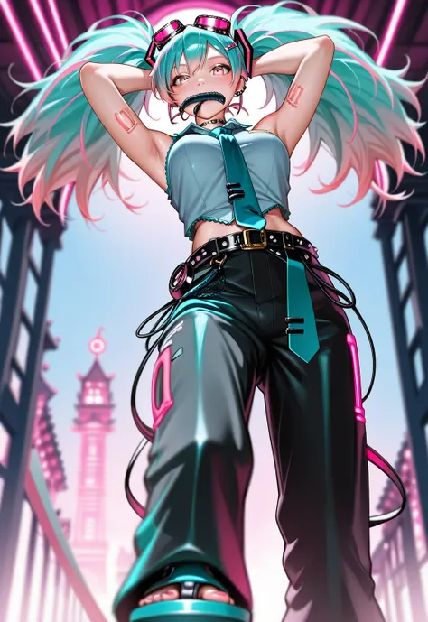    Hatsune Miku,  twin tails ,safe_location,   score_9,   score_8_  up the side ,   score_7,   Hatsune Miku,  chest,  alone, large  chest,  tattoo, ear  piercing spur,  piercing spur,     pants, belt,   pink eye,  video viewer , sword, arms   up the side ,...