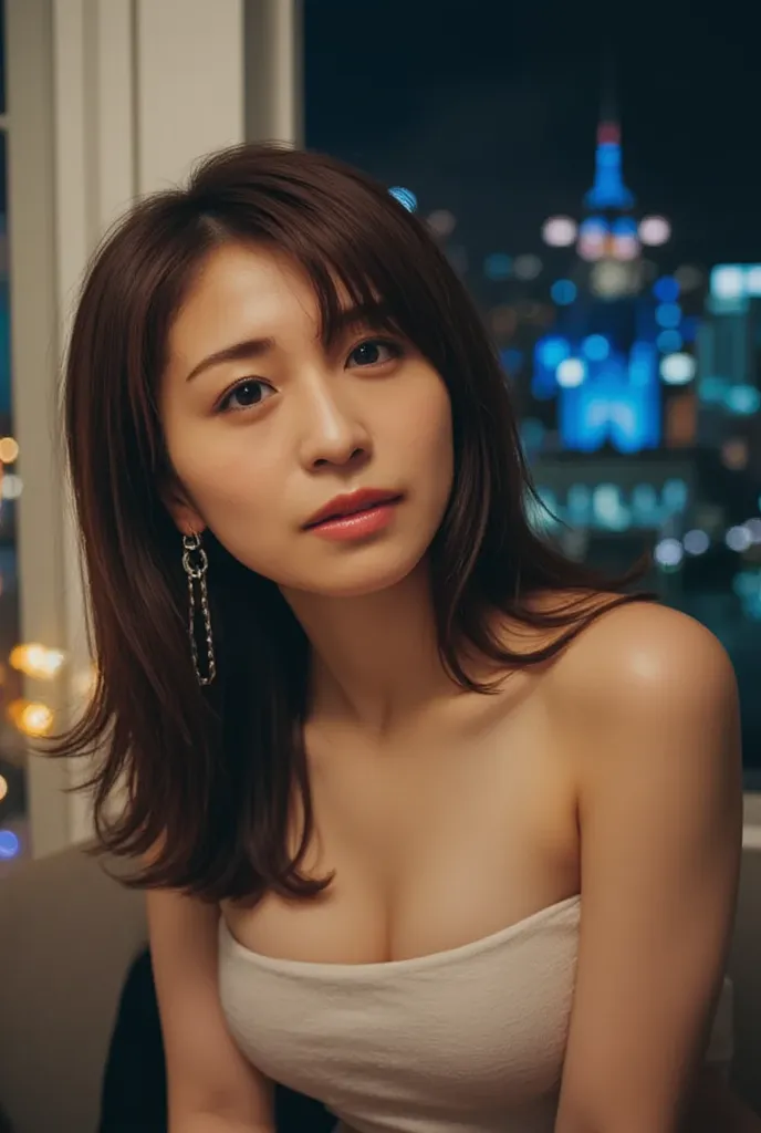 （elegant hairstyle:1.4）(  Popup、 lower body nudes        、         masterpiece,  Laughter、            night view of the big city seen from the window            、      Big         chest Cross   、           oily skin、The sunset illuminates her、   sunset shi...