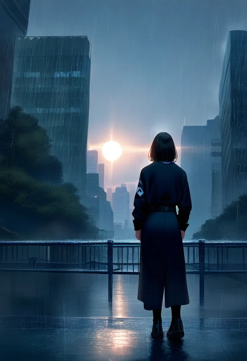 best quality, top quality, 8k, high resolution, ultra detailed, extremely detailed, realistic, safe rating, a decadent city with acid rain, a woman's back in the rain, solo, sun shower, 