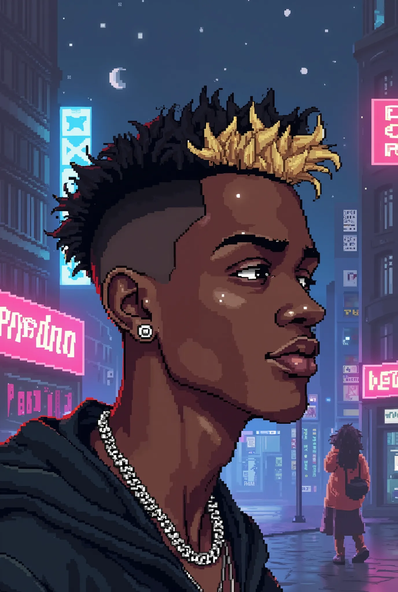  "Pixel art cover for the song 'prohibido' by prd. Show a young, dark-skinned 22-year-old man with a low fade haircut where most of his hair is black with one striking blonde lock. He has ear piercings and wears two chains. The background is a pixelated ur...