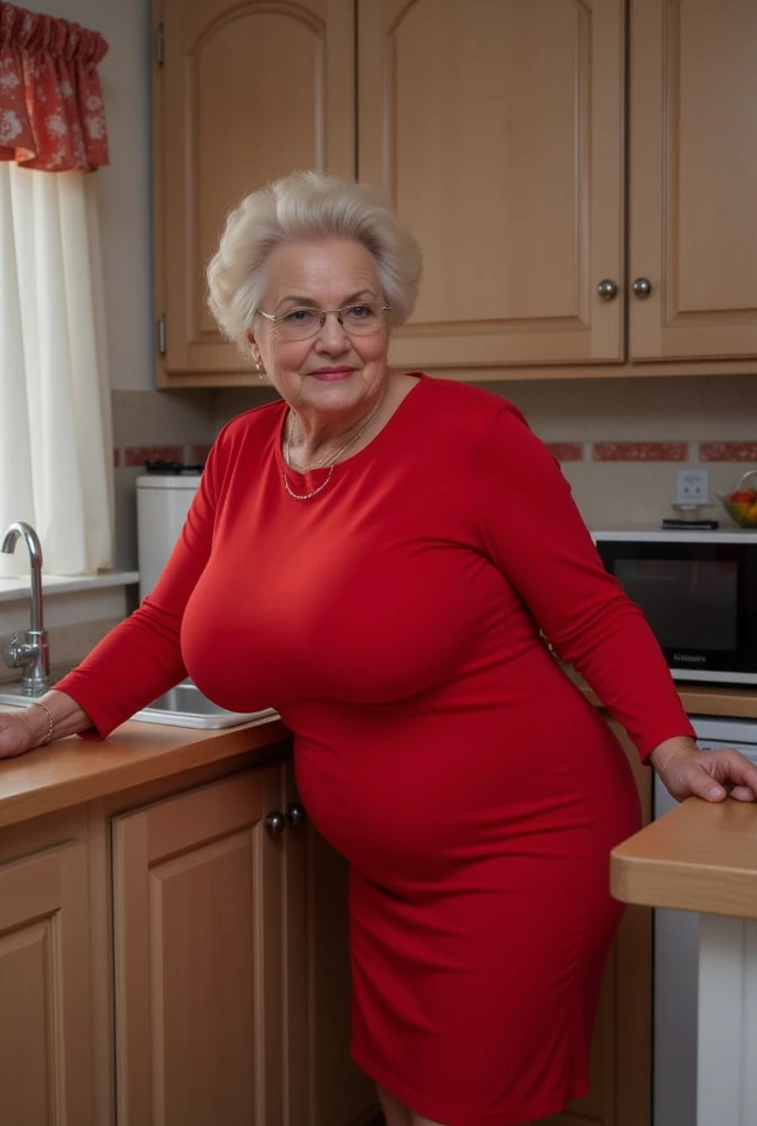 80 years old, granny in a red tight dress, exemplary at home in the kitchen, leaning over to a table, sticking out her ass, привлекательная бабушка в возрасте около 80 years old, short skirt,  curved,  sexy,  voluminous body,  splitting , big breasts, прим...