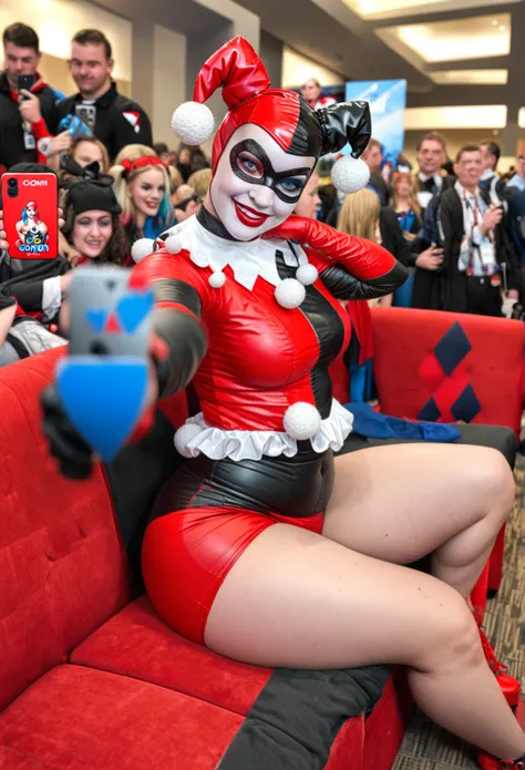 ,red and black classic Harley Quinn.sitting on red couch,clothed,thick thighs,selfie at comic con'with fans