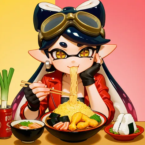 1girl, callie form splatoon, can, chopsticks,eating, elbow rest, fish \(food\), food, holding, holding chopsticks, katsudon \(food\), long hair,  looking at viewer, meal, noodles, onigiri, plate, ramen, sashimi, shrimp, shrimp tempura, punk_rabbit_girl, go...