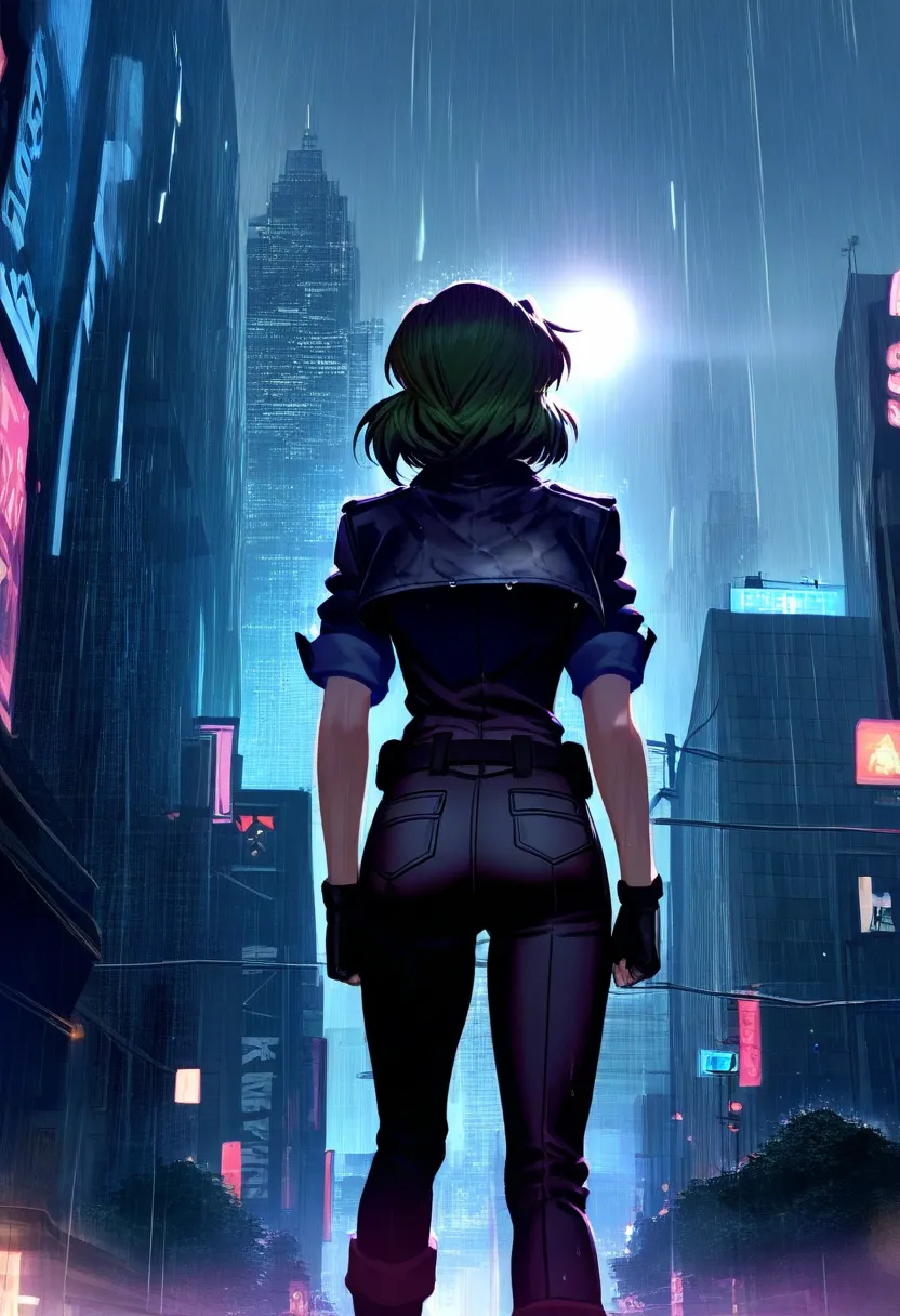 best quality, top quality, 8k, high resolution, ultra detailed, extremely detailed, realistic, safe rating, a decadent city with acid rain, a woman's back in the rain, solo, sun shower, style of ghost in the shell