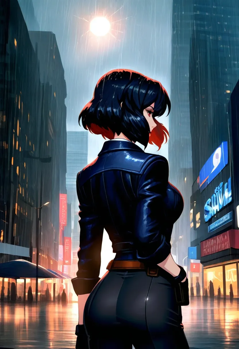 best quality, top quality, 8k, high resolution, ultra detailed, extremely detailed, realistic, safe rating, a decadent city with acid rain, a woman's back in the rain, solo, sun shower, style of ghost in the shell