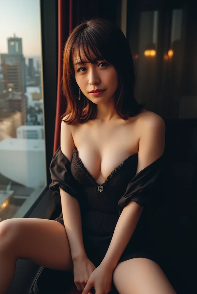 （elegant hairstyle:1.4）(  Popup、 lower body nudes        、         masterpiece,  Laughter、            night view of the big city seen from the window            、      Big         chest Cross   、           oily skin、The sunset illuminates her、   sunset shi...