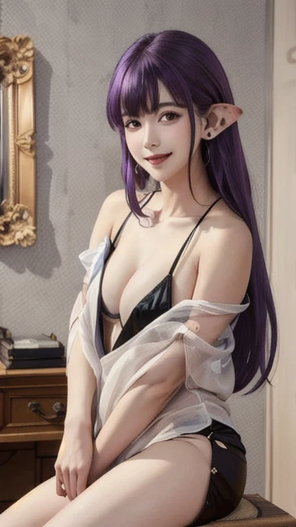 (masterpiece), high quality, (detailed background:1.3), 1girl, solo,
ChopioEsil, long hair, purple hair, streaked hair, pointy ears, facial mark, red eyes, (looking at viewer:1.3),
ear piercing, earrings, fangs, realistic, 
outfit_2, black dress, bare shou...