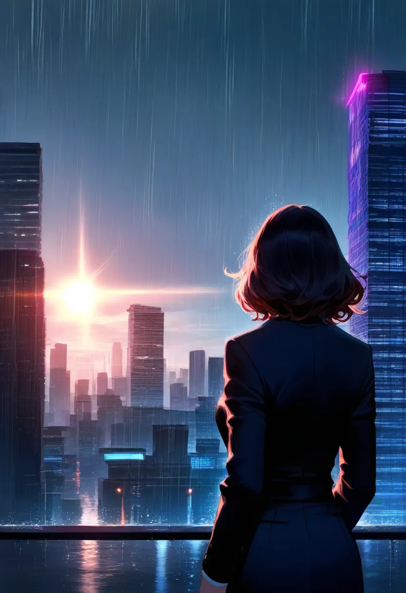 best quality, top quality, 8k, high resolution, ultra detailed, extremely detailed, realistic, safe rating, a decadent city with acid rain, a woman's back in the rain, solo, sun shower, style of Blade Runner