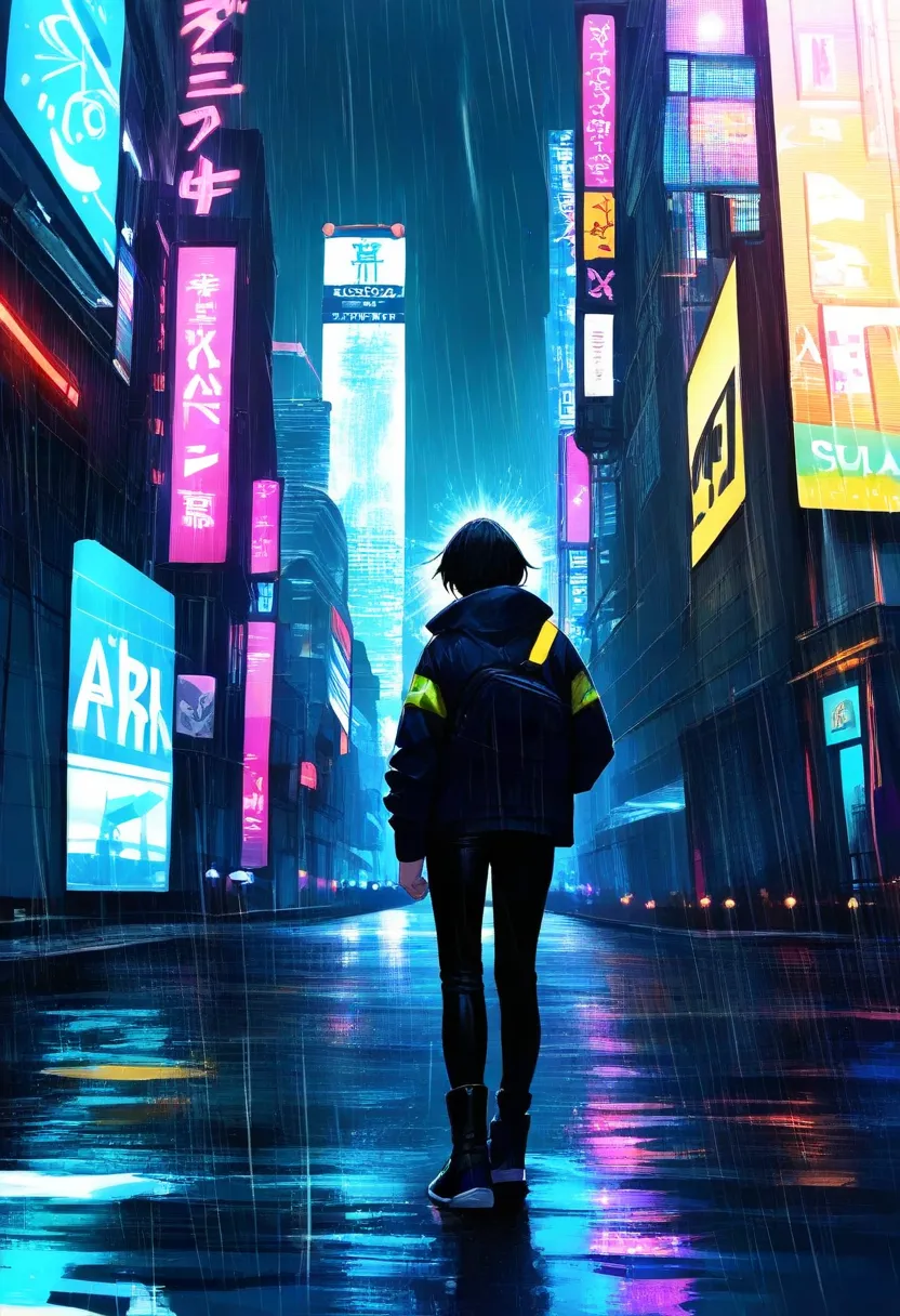 best quality, top quality, 8k, high resolution, ultra detailed, extremely detailed, realistic, safe rating, a decadent city with acid rain, a woman's back in the rain, solo, sun shower, cyberpunk, 