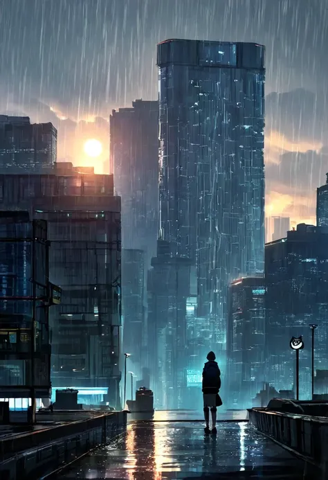 best quality, top quality, 8k, high resolution, ultra detailed, extremely detailed, realistic, safe rating, a decadent city with acid rain, a woman's back in the rain, solo, sun shower, cyberpunk, 