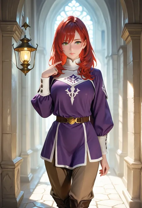 Solo, 1girl, adult woman, Gnome; petite build, heart-shaped face, button nose, red hair, loose curls hair, medium length hair; fair skin, freckles; BREAK emerald green eyes:0.6; BREAK dull purple tunic:1.3, intricate embroidery of arcane symbols; brown tro...