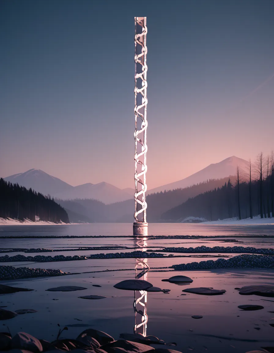 a frozen lake with a shimmering arc and metallic chain of light, cinematic poster style and high resolution overhead shot, game of thrones style, unsettling, horror, terrifying expression, ultra high resolution, 8k resolution, balanced, high dynamic range ...